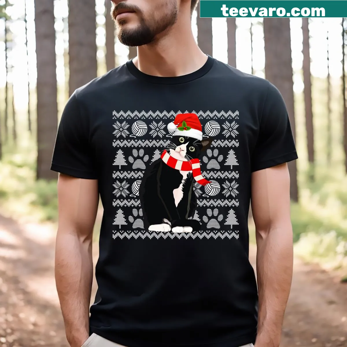 Funny Christmas t-shirt with a black cat in a Santa hat and scarf — on a men's t-shirt