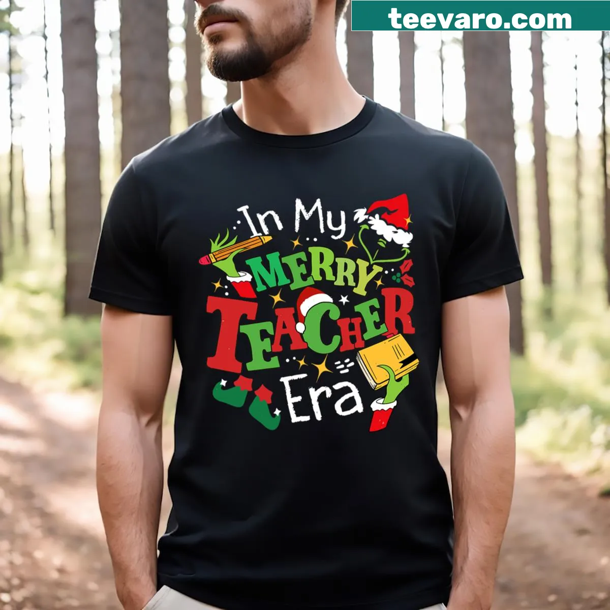Whimsical Christmas-themed t-shirt for teachers — on a men's t-shirt