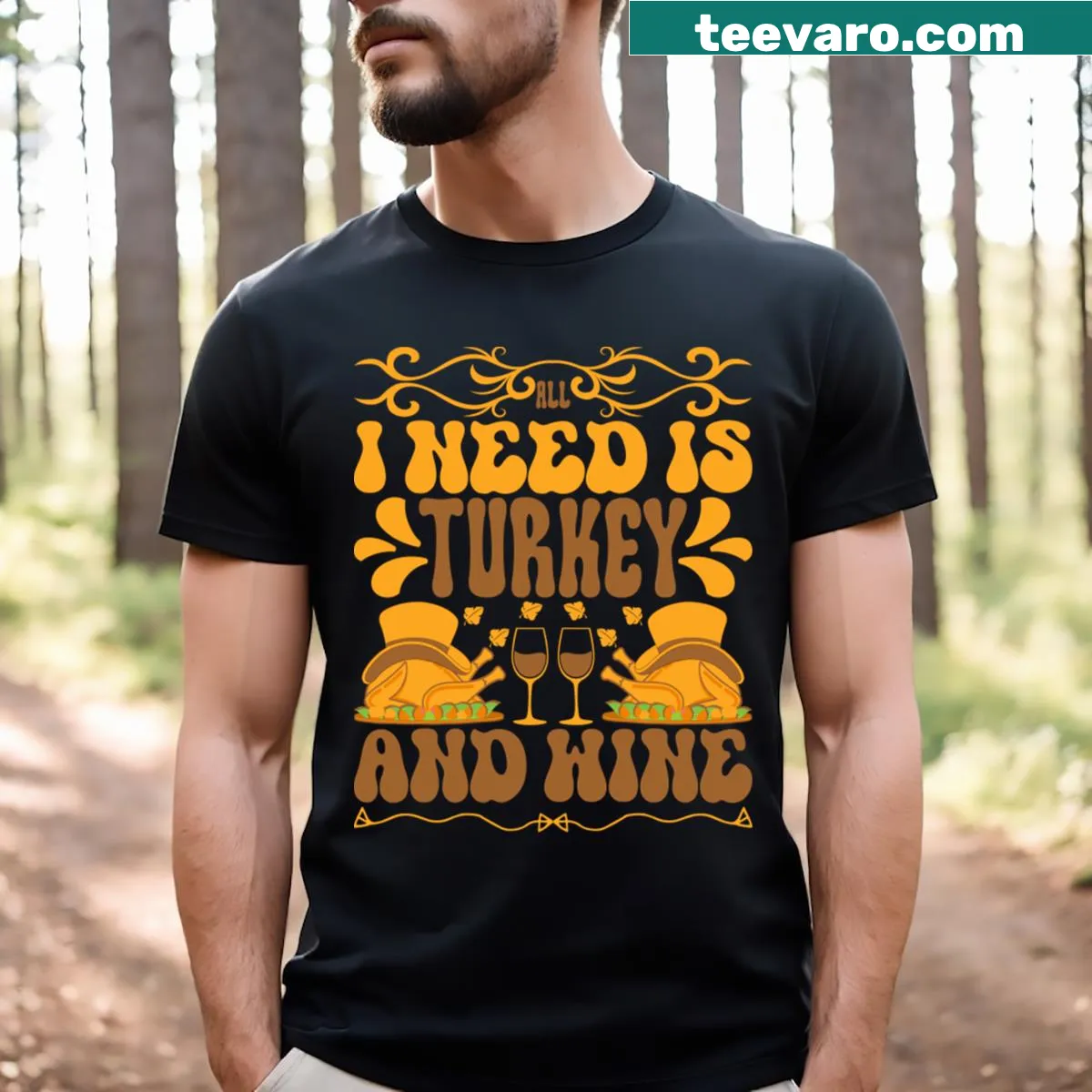 Vintage-style Turkey and Wine graphic on T-shirt — on a men's t-shirt