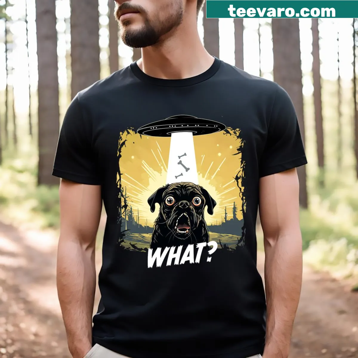 Funny T-shirt with an illustration of a pug and a UFO — on a men's t-shirt