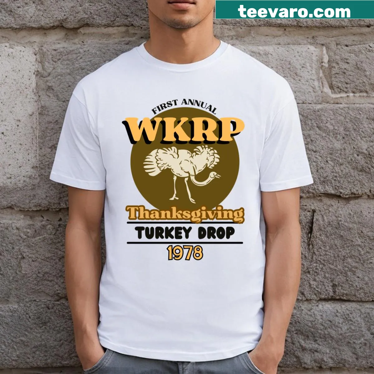 Nostalgic graphic t-shirt featuring WKRP Turkey Drop — on a men's t-shirt