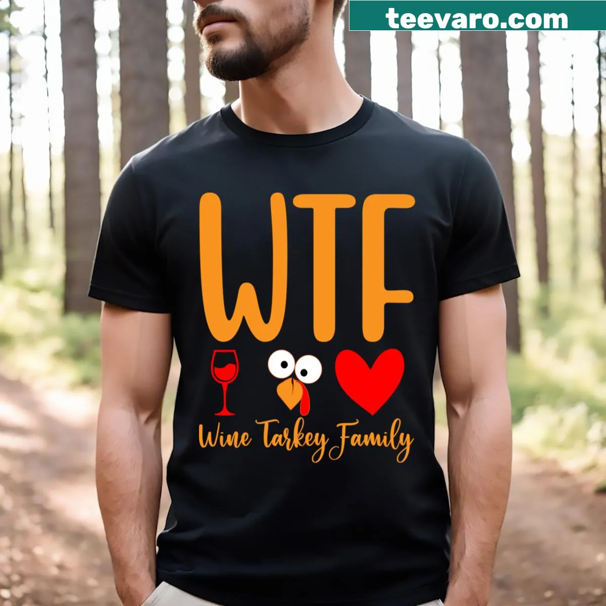 Funny Thanksgiving t-shirt featuring wine humor and family themes — on a men's t-shirt