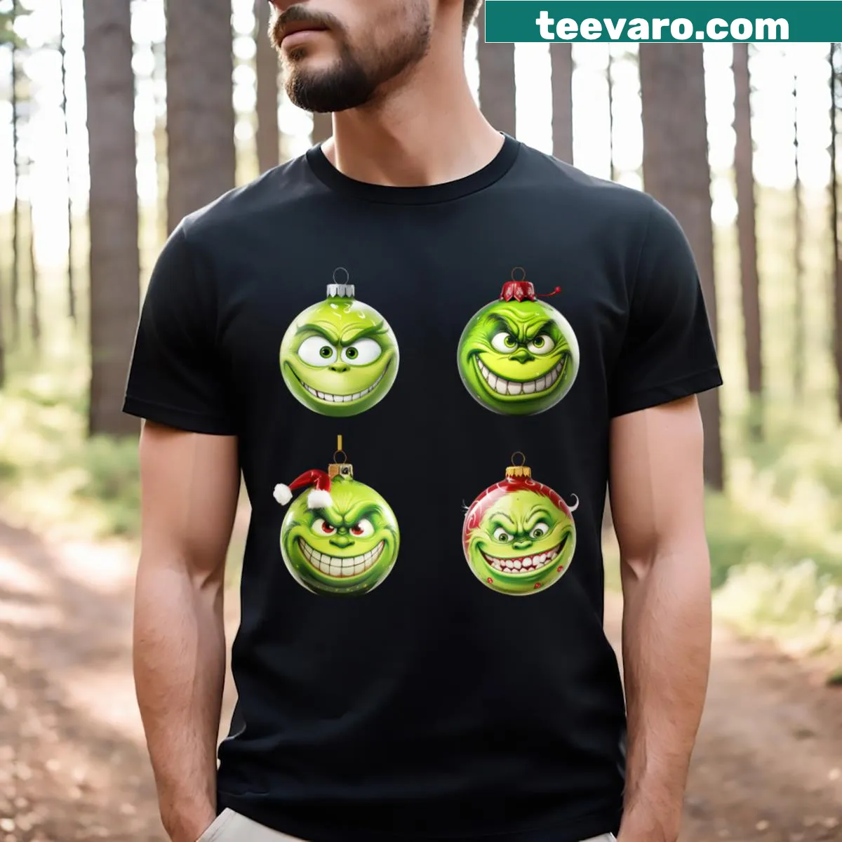 Whimsical Grinch with decorated Christmas trees on a t-shirt — on a men's t-shirt