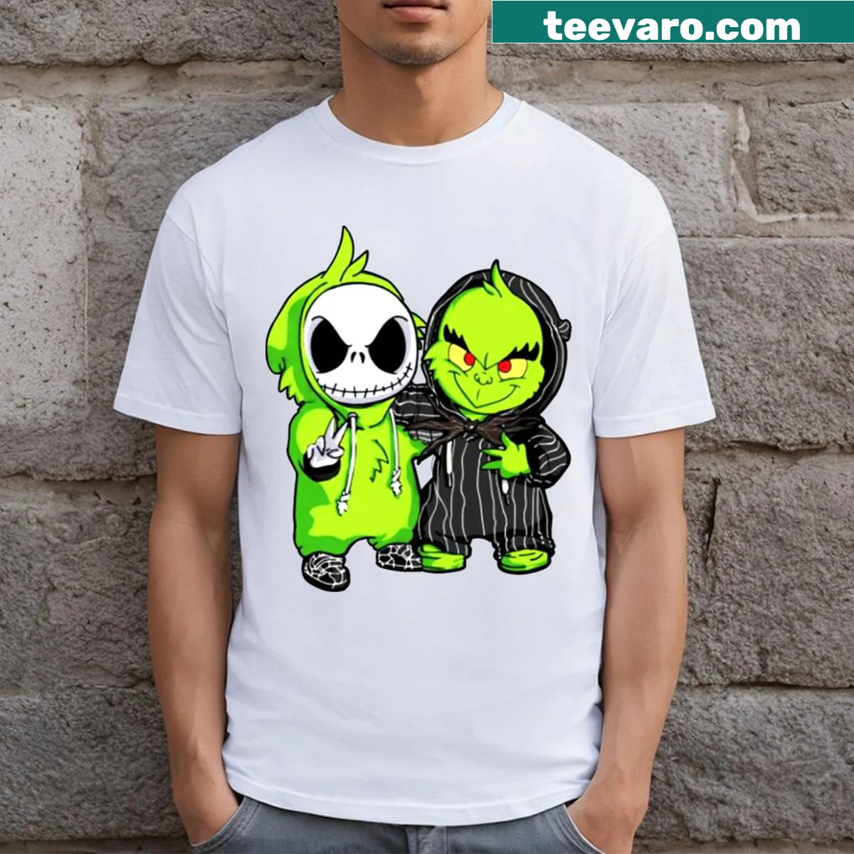 Cute t-shirt featuring Baby Jack Skellington and the Grinch — on a men's t-shirt