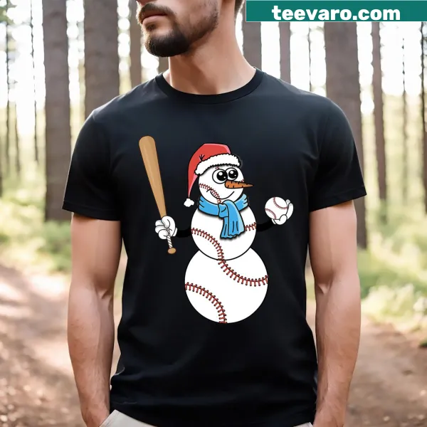 Illustration of a snowman with a baseball cap and bat in a snowy scene