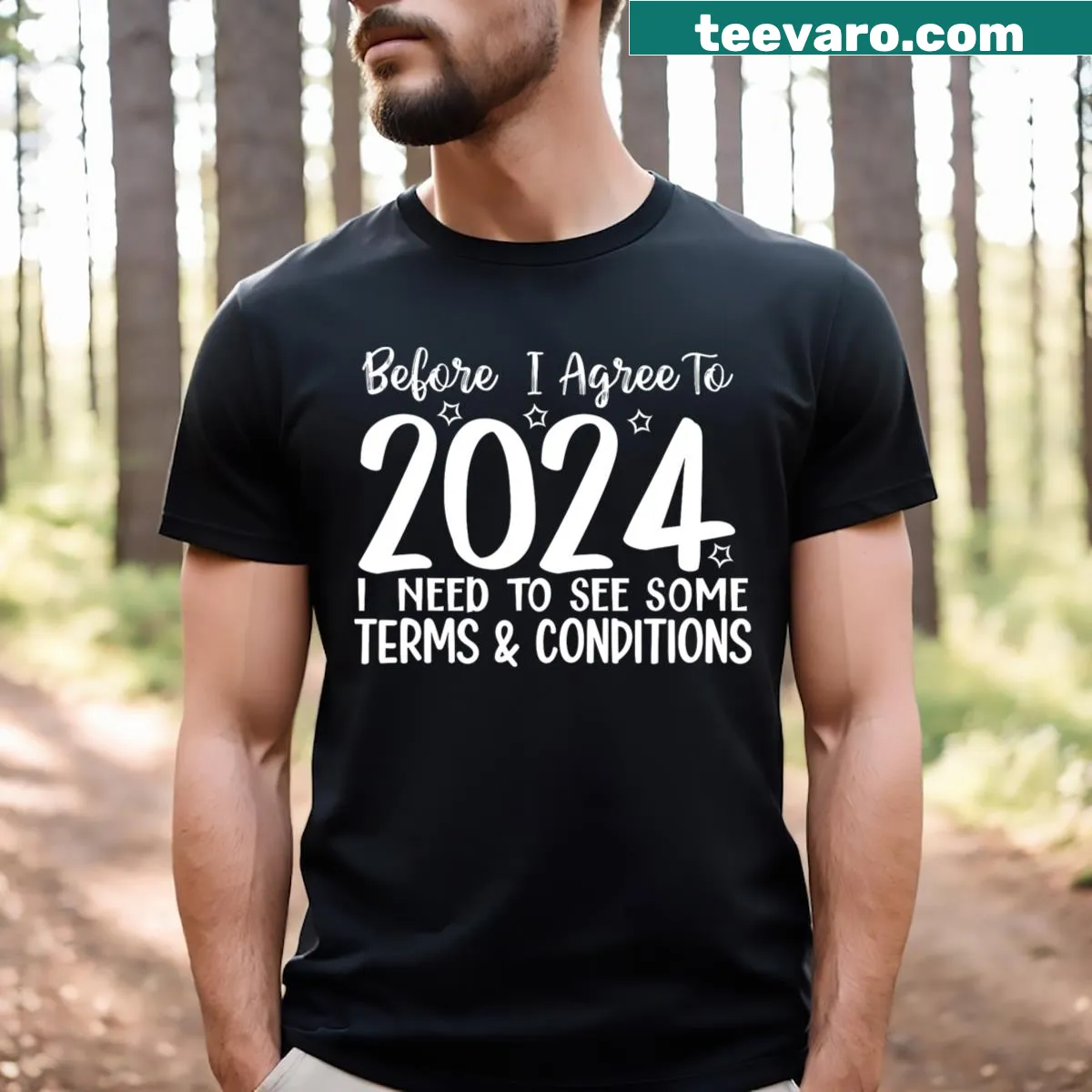 T-shirt with humorous text about New Year's Eve terms and conditions — on a men's t-shirt
