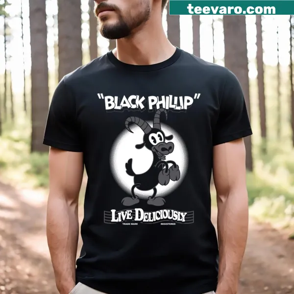 Funny cartoon design of Black Phillip the goat on a vintage t-shirt