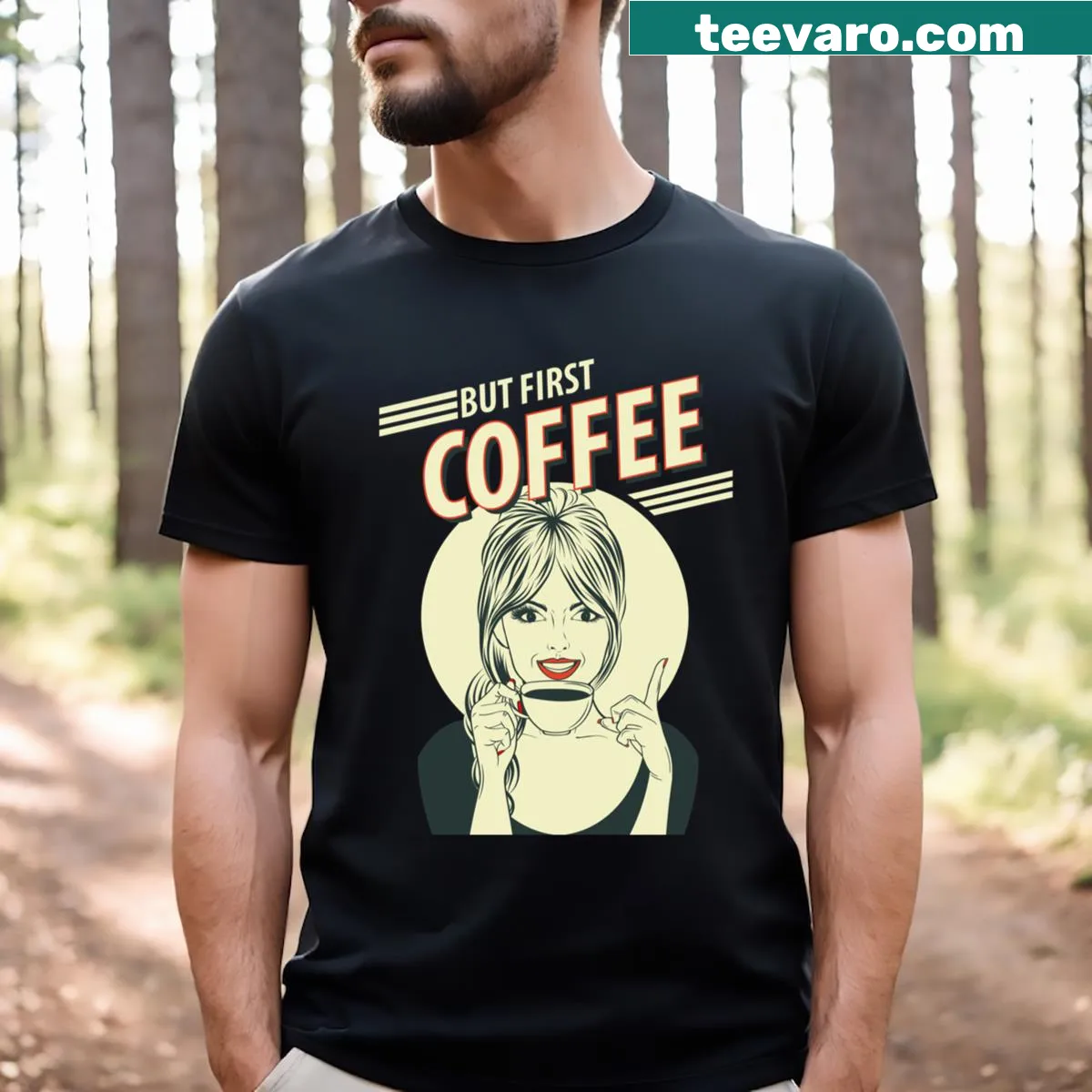 Retro pin-up girl t-shirt with coffee theme on a red shirt — on a men's t-shirt