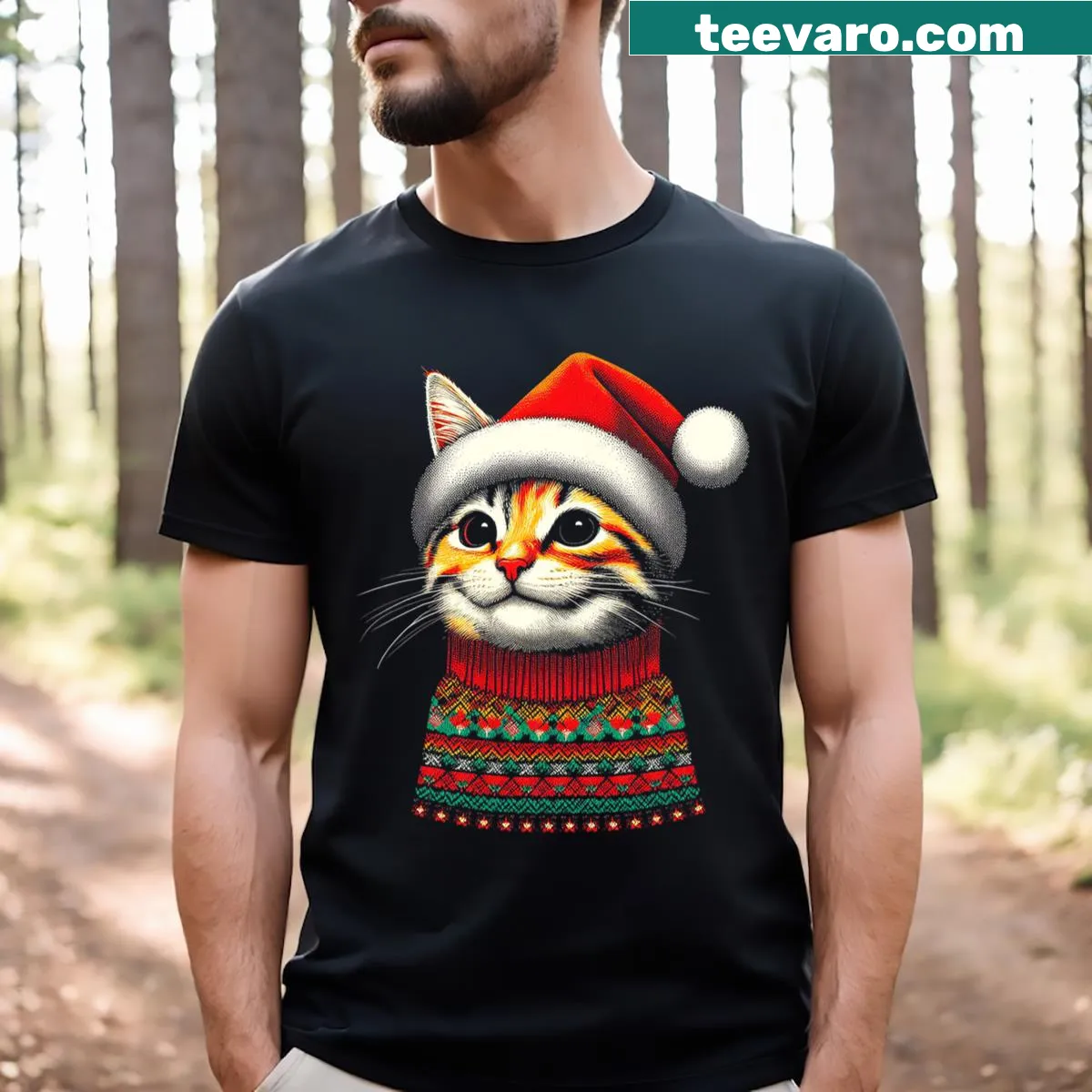 Funny Cat Ugly Christmas Pajamas T-shirt with humorous text — on a men's t-shirt