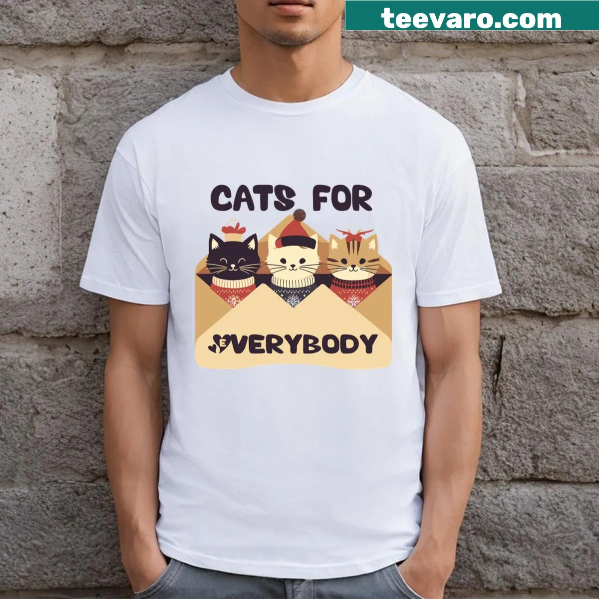 Cute Christmas t-shirt featuring cats celebrating the season — on a men's t-shirt