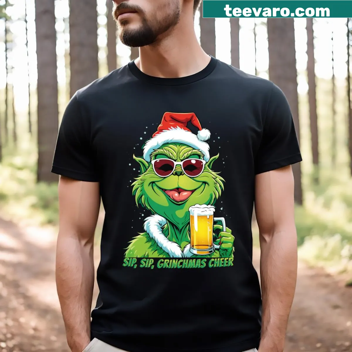 T-shirt featuring the Grinch enjoying a holiday brew — on a men's t-shirt