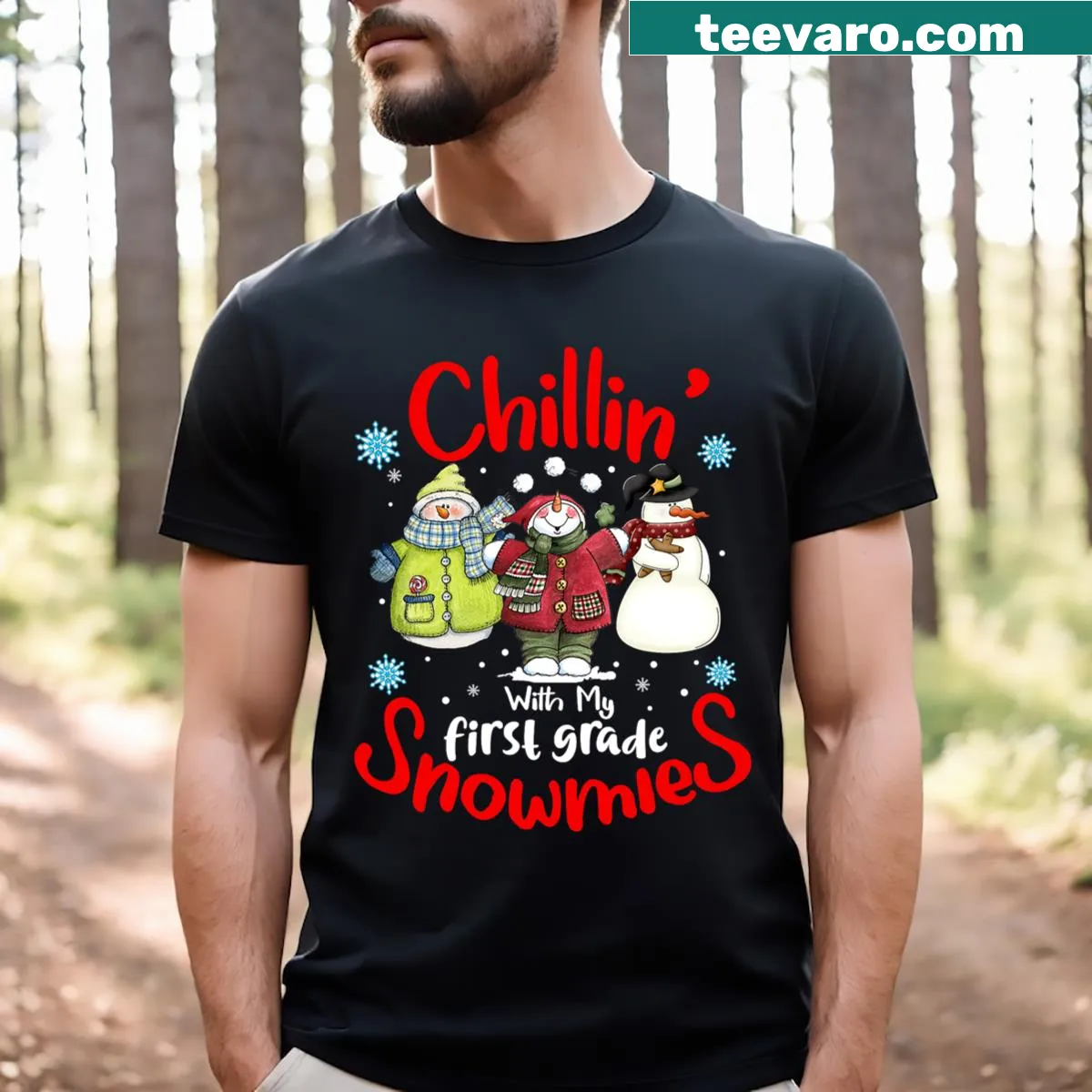 Christmas t-shirt with snowmen design for teachers — on a men's t-shirt