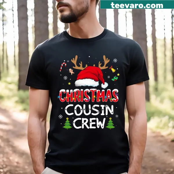 Christmas t-shirt for kids featuring Cousin Crew and Santa hats