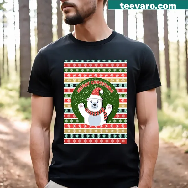 Festive Christmas T-shirt with snow and colorful patterns