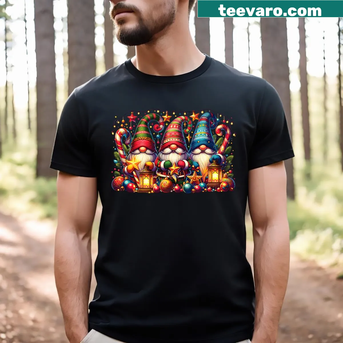 T-shirt featuring a whimsical Christmas gnome design — on a men's t-shirt