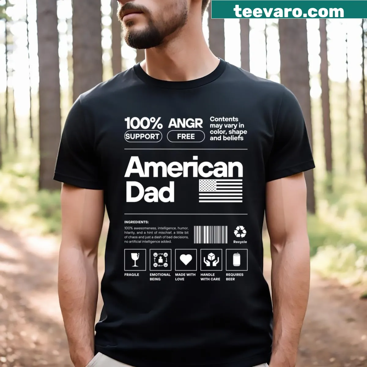 Graphic T-shirt celebrating American dads with a playful design — on a men's t-shirt