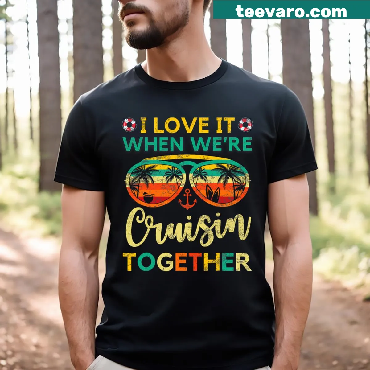 Illustrated T-shirt celebrating family vacations on a cruise ship — on a men's t-shirt