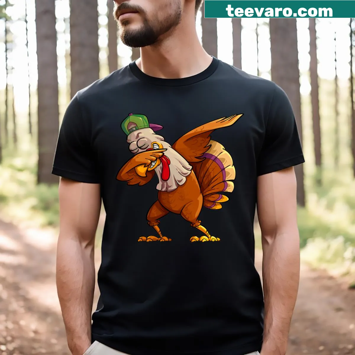 Funny T-shirt featuring a dabbing turkey for Thanksgiving — on a men's t-shirt