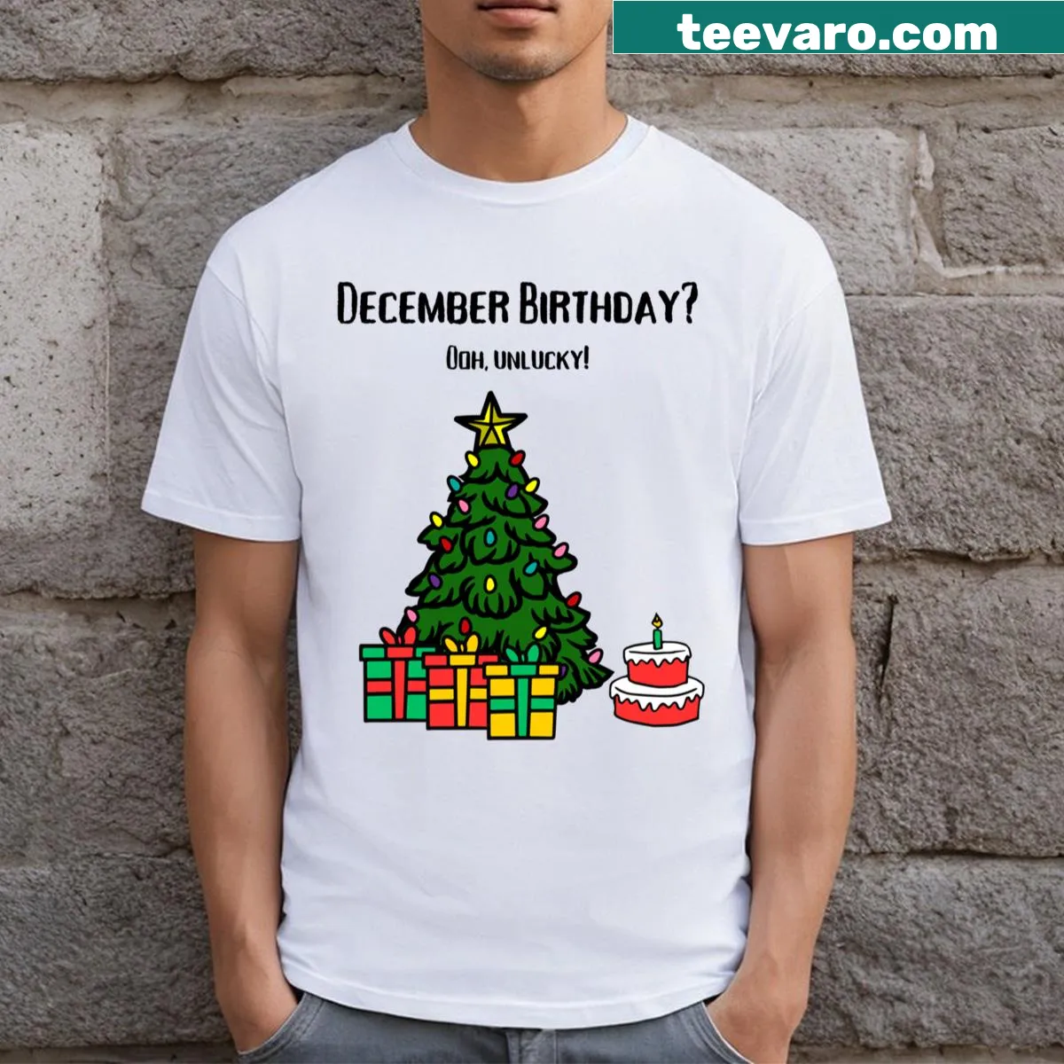 Funny December birthday T-shirt with playful text — on a men's t-shirt