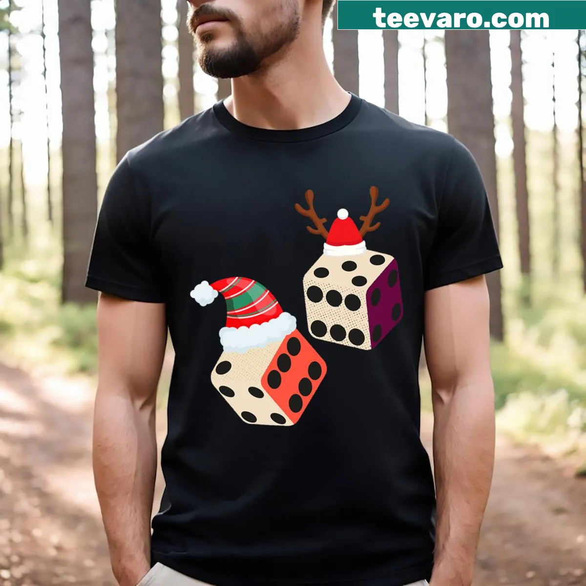 Christmas-themed T-shirt with dice and gaming illustrations — on a men's t-shirt