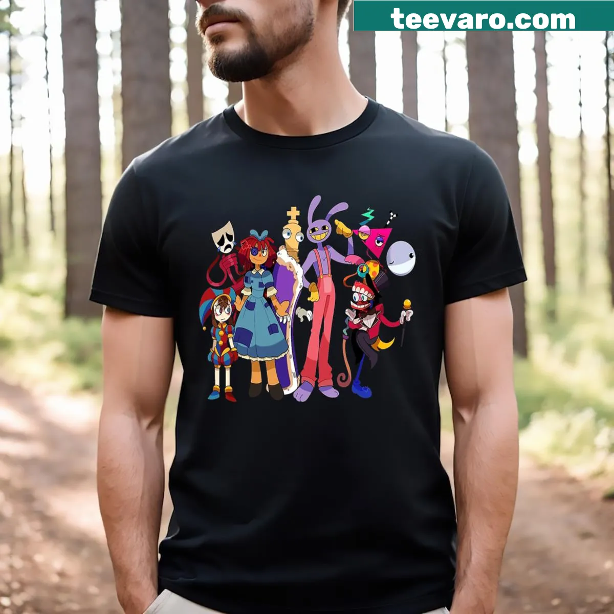 T-shirt featuring characters from Digital Circus — on a men's t-shirt