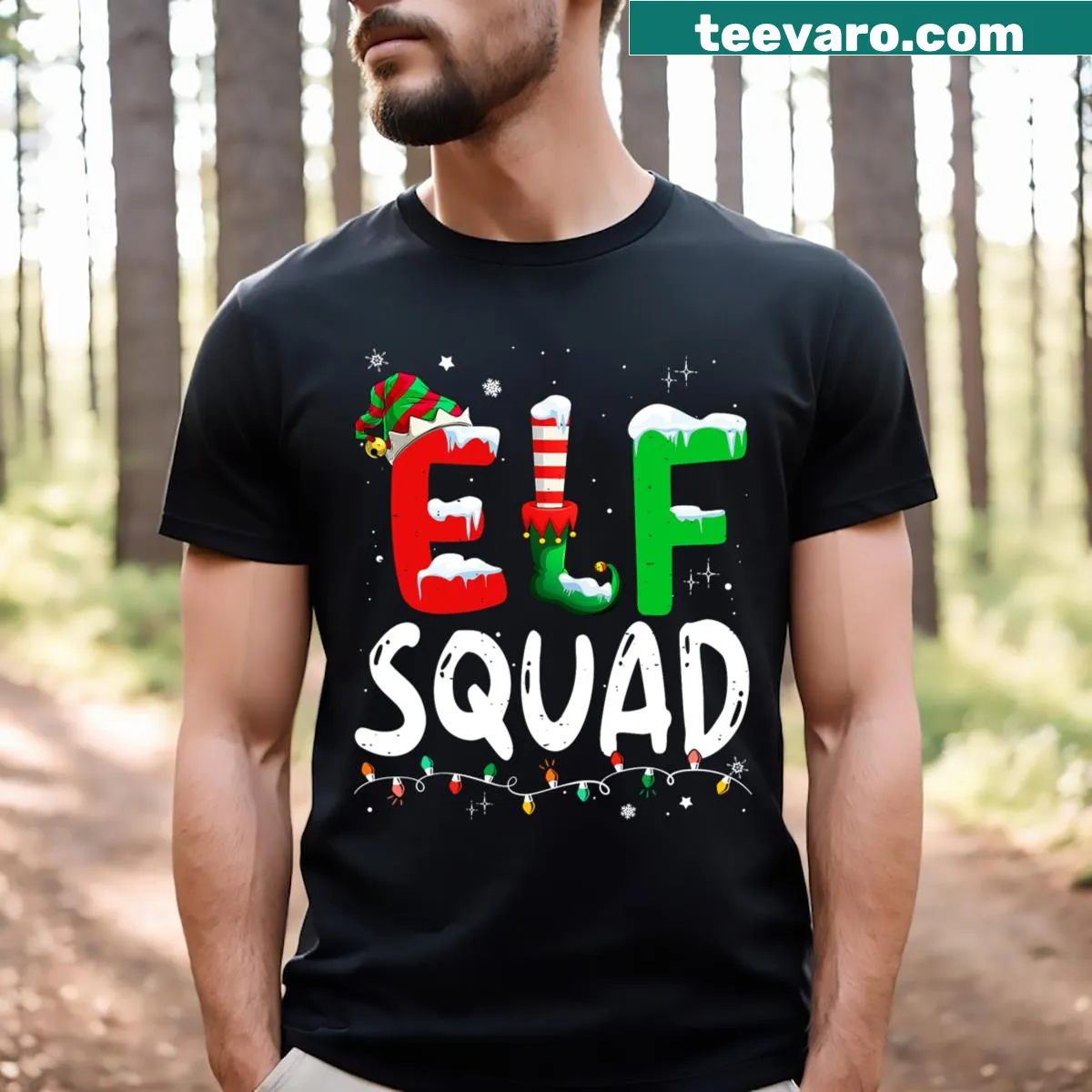 Matching family T-shirt with Elf Squad design for Christmas — on a men's t-shirt