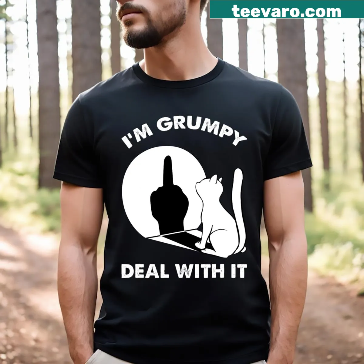 Illustration of a cat shadow with the phrase 'I'm Grumpy Deal With It' — on a men's t-shirt