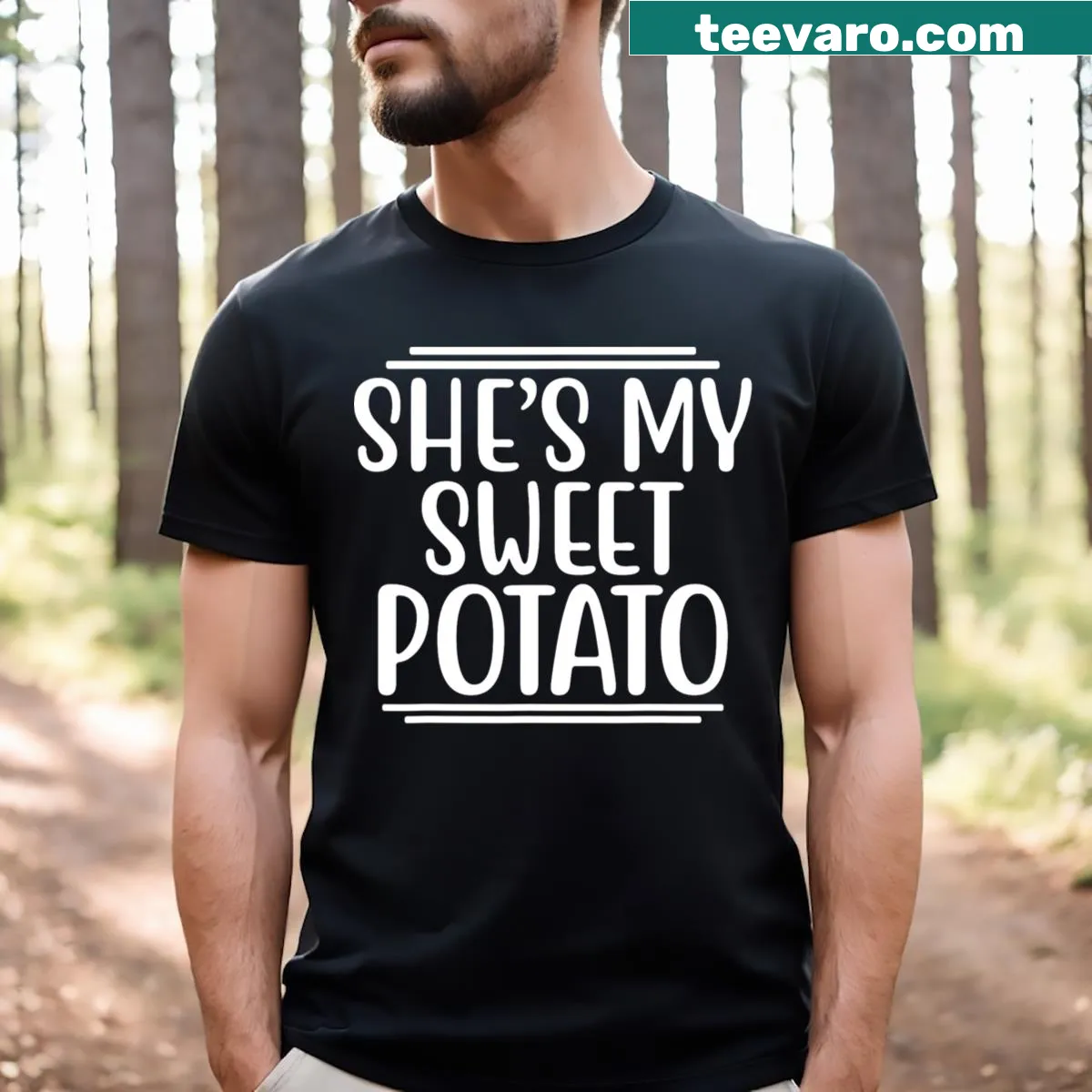 Couples T-shirts with She's My Sweet Potato and I Yam text — on a men's t-shirt