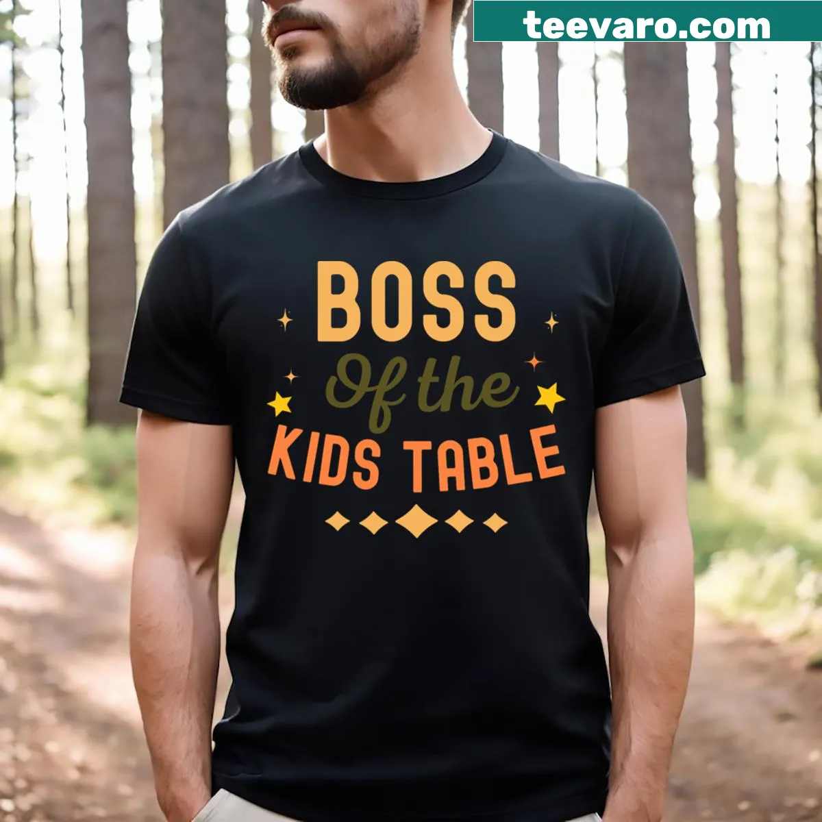 Toddler Thanksgiving T-shirt with 'Turkey Boss of the Kids Table' text — on a men's t-shirt