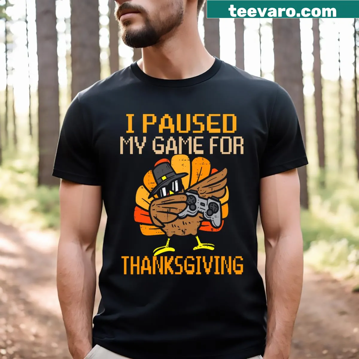 Funny Thanksgiving t-shirt with gaming and turkey graphics — on a men's t-shirt