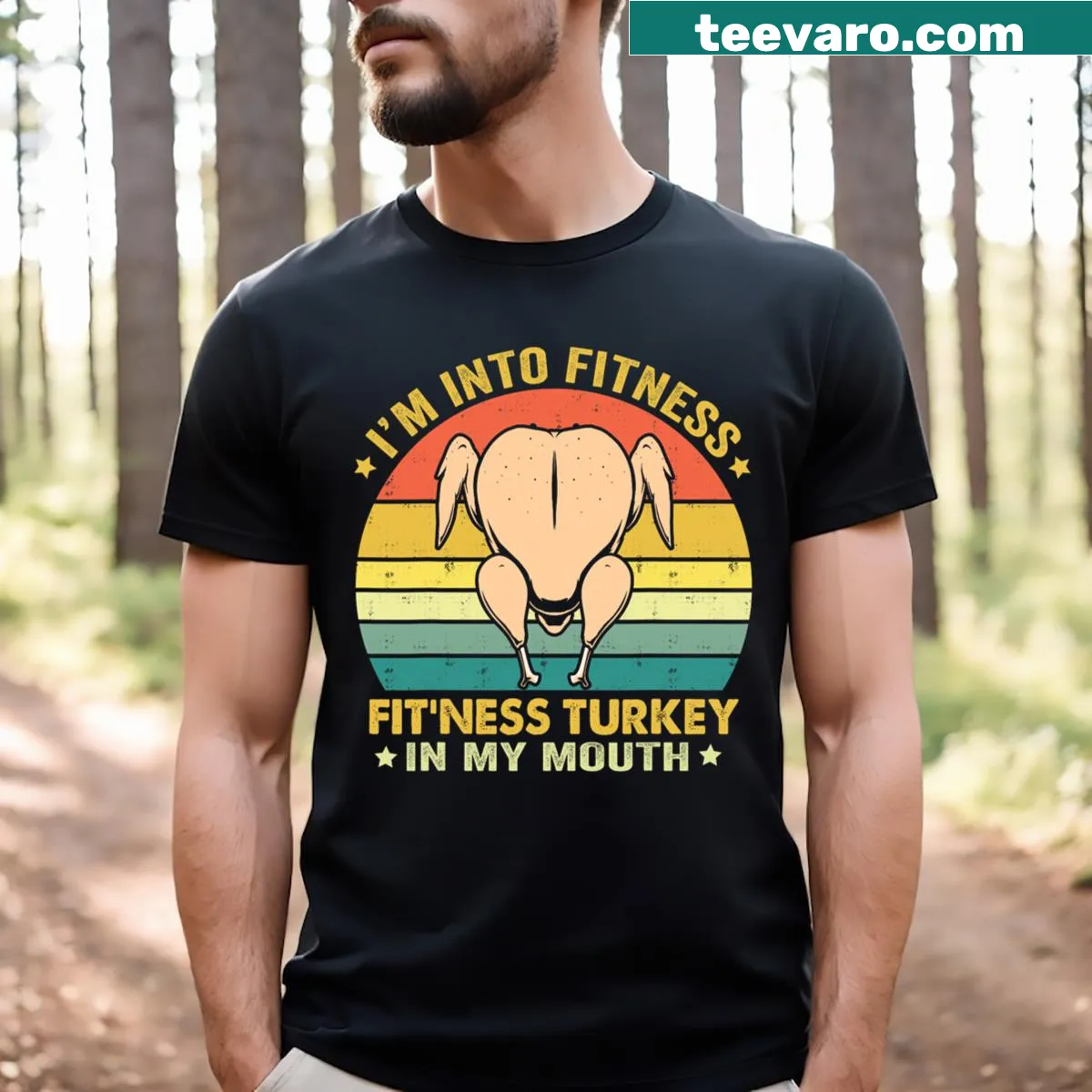 Funny Thanksgiving t-shirt with turkey and fitness pun — on a men's t-shirt