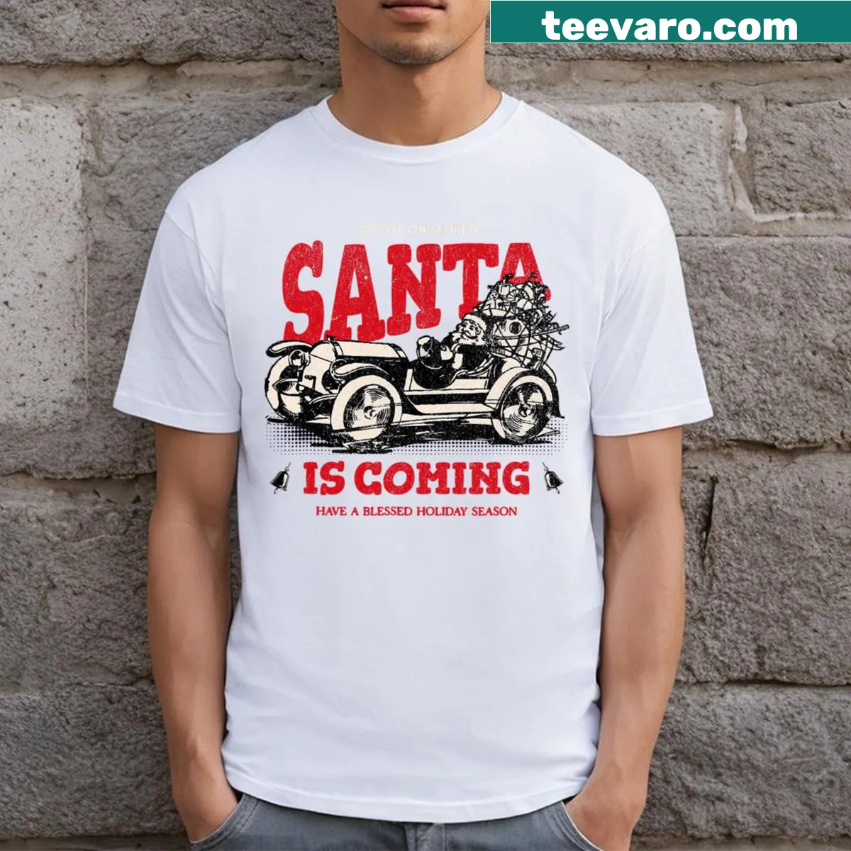 Joy to the World message with Santa graphic for Christmas t-shirt — on a men's t-shirt