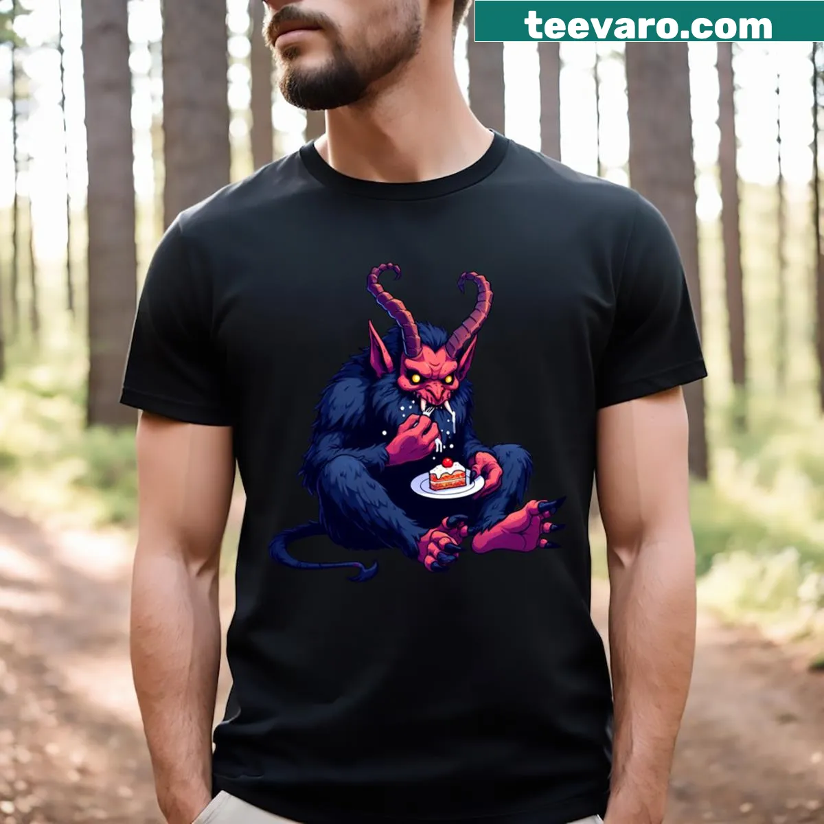Krampus eating pie graphic on a Christmas T-shirt — on a men's t-shirt
