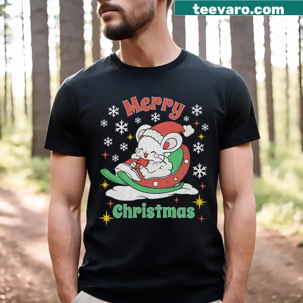 Cute mouse riding a sleigh in a winter scene for Christmas.