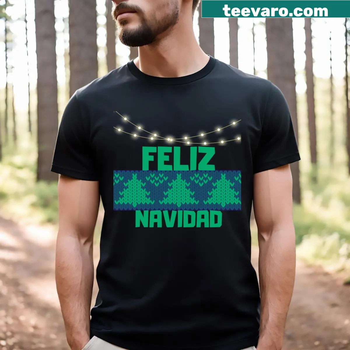 Christmas greeting graphic on a Merry Christmas Feliz Navidad T-shirt — on a men's t-shirt