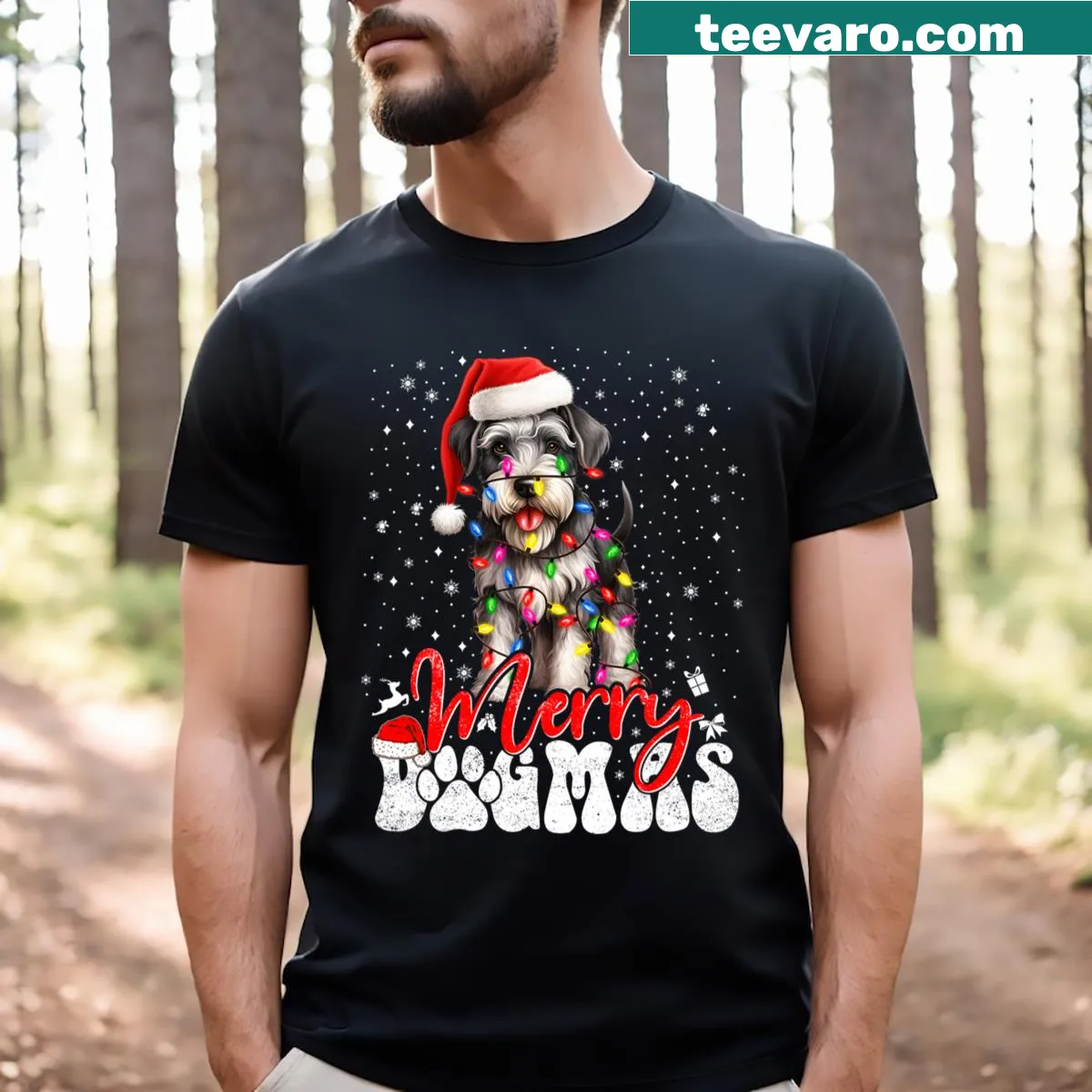 Miniature Schnauzer graphic with Christmas lights on a T-shirt — on a men's t-shirt