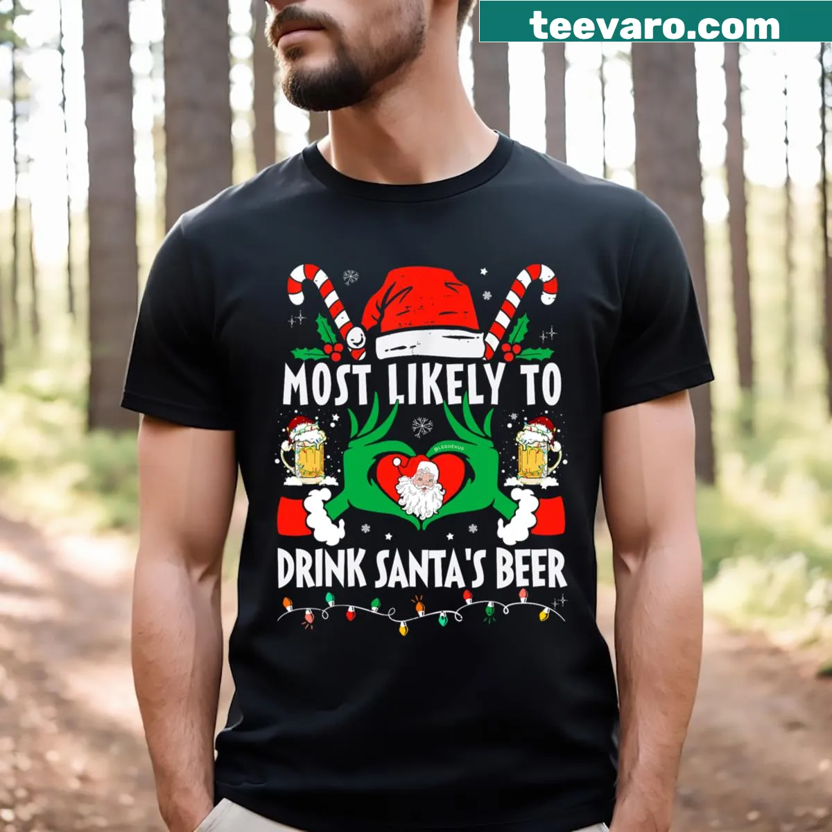 Funny Christmas T-shirt with 'Most Likely To Drink Santa's Beer' text — on a men's t-shirt