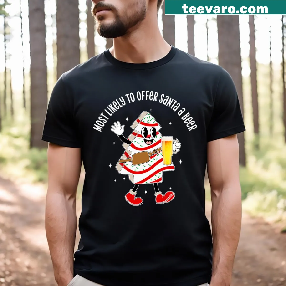 Funny Christmas t-shirt with text about offering Santa a beer — on a men's t-shirt