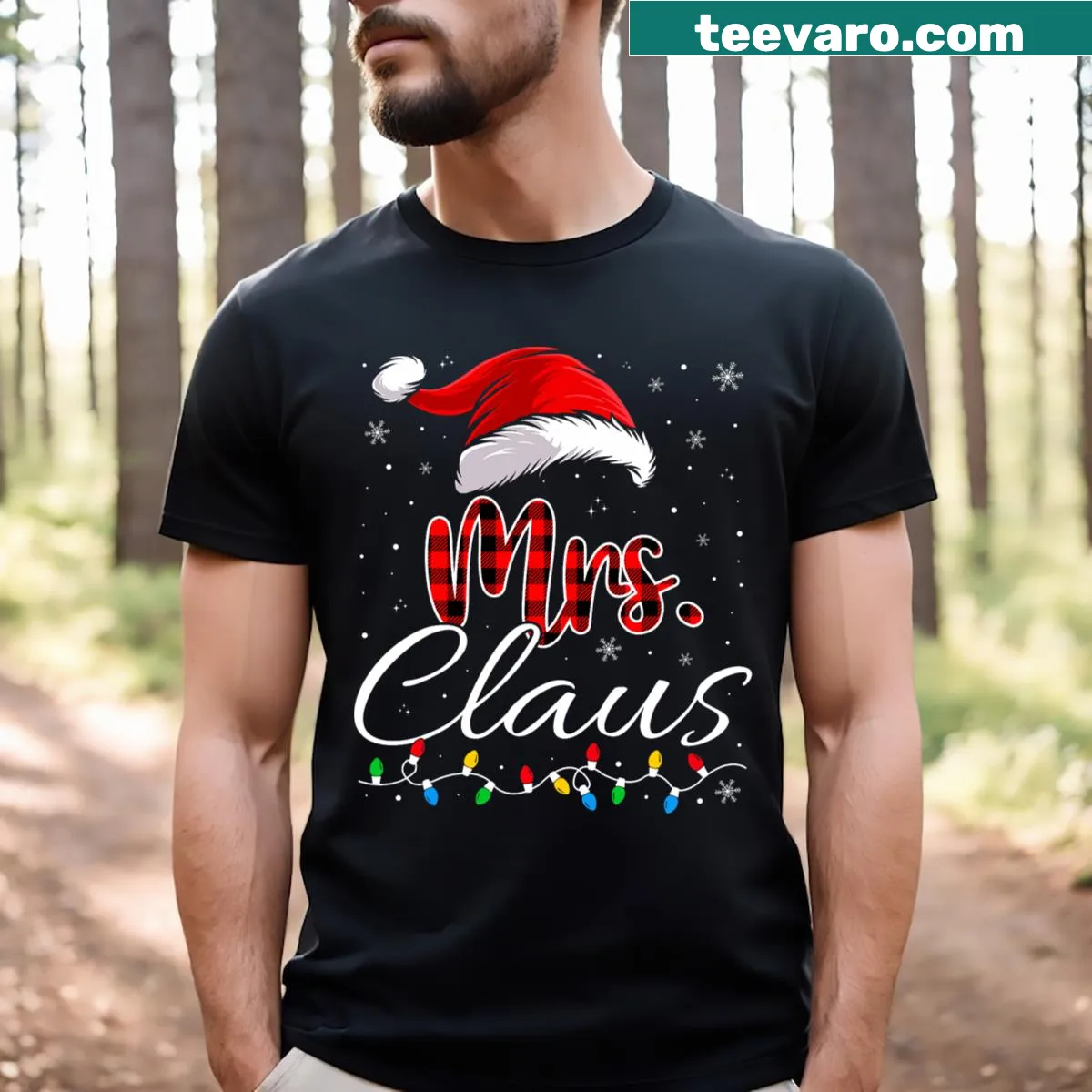 Matching Christmas t-shirts for couples as Mr and Mrs Claus — on a men's t-shirt