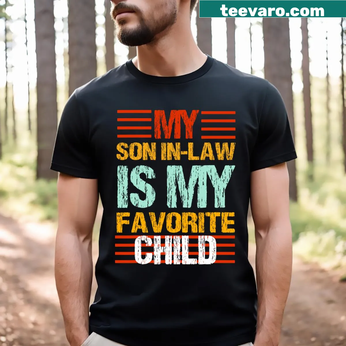 Funny T-shirt with 'My Son In Law Is My Favorite Child' text — on a men's t-shirt