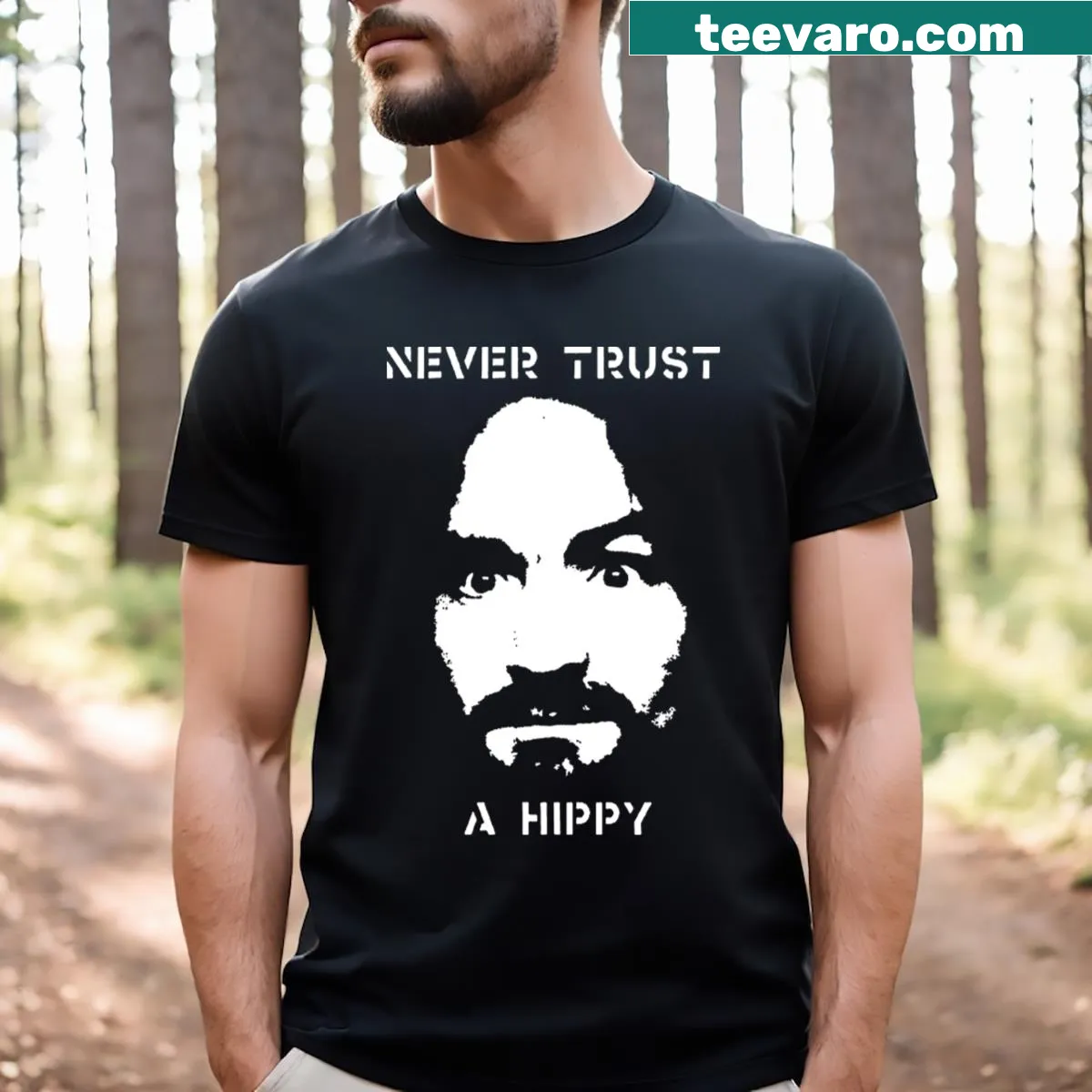 Sarcastic t-shirt featuring 'Never Trust A Hippy' text — on a men's t-shirt