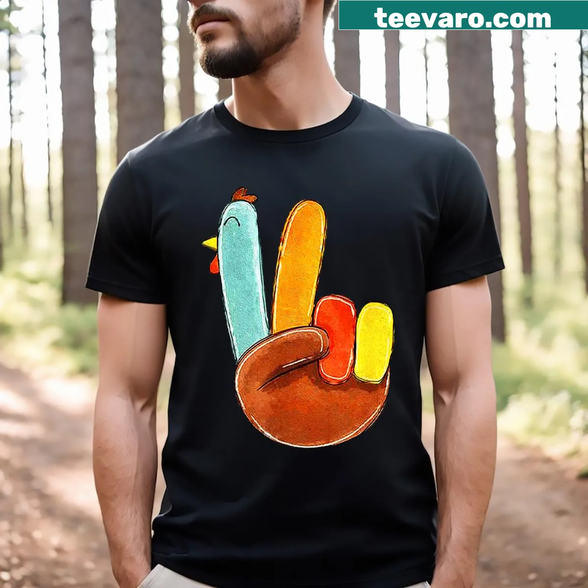 T-shirt with a turkey hand making a peace sign for Thanksgiving — on a men's t-shirt