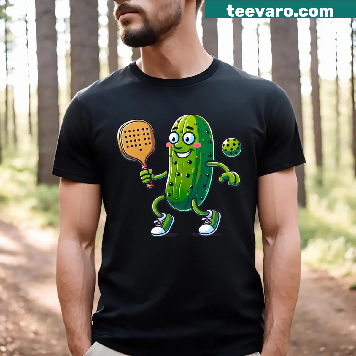 Humorous pickleball T-shirt featuring a pickle character — on a men's t-shirt