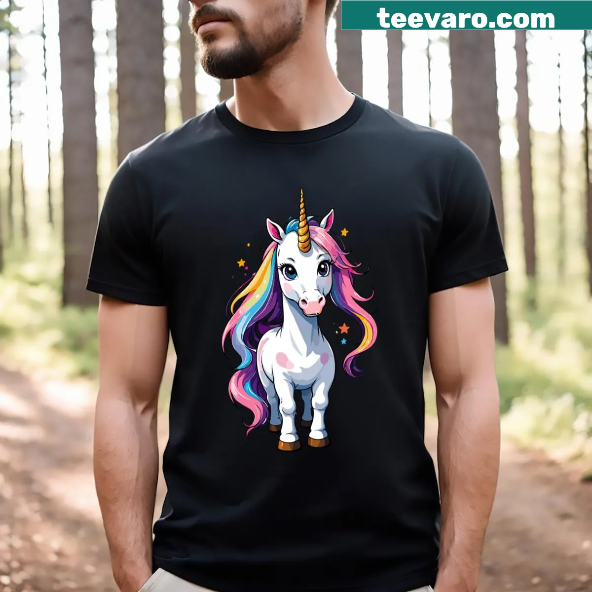 Cute unicorn graphic T-shirt with rainbow sparkle design — on a men's t-shirt