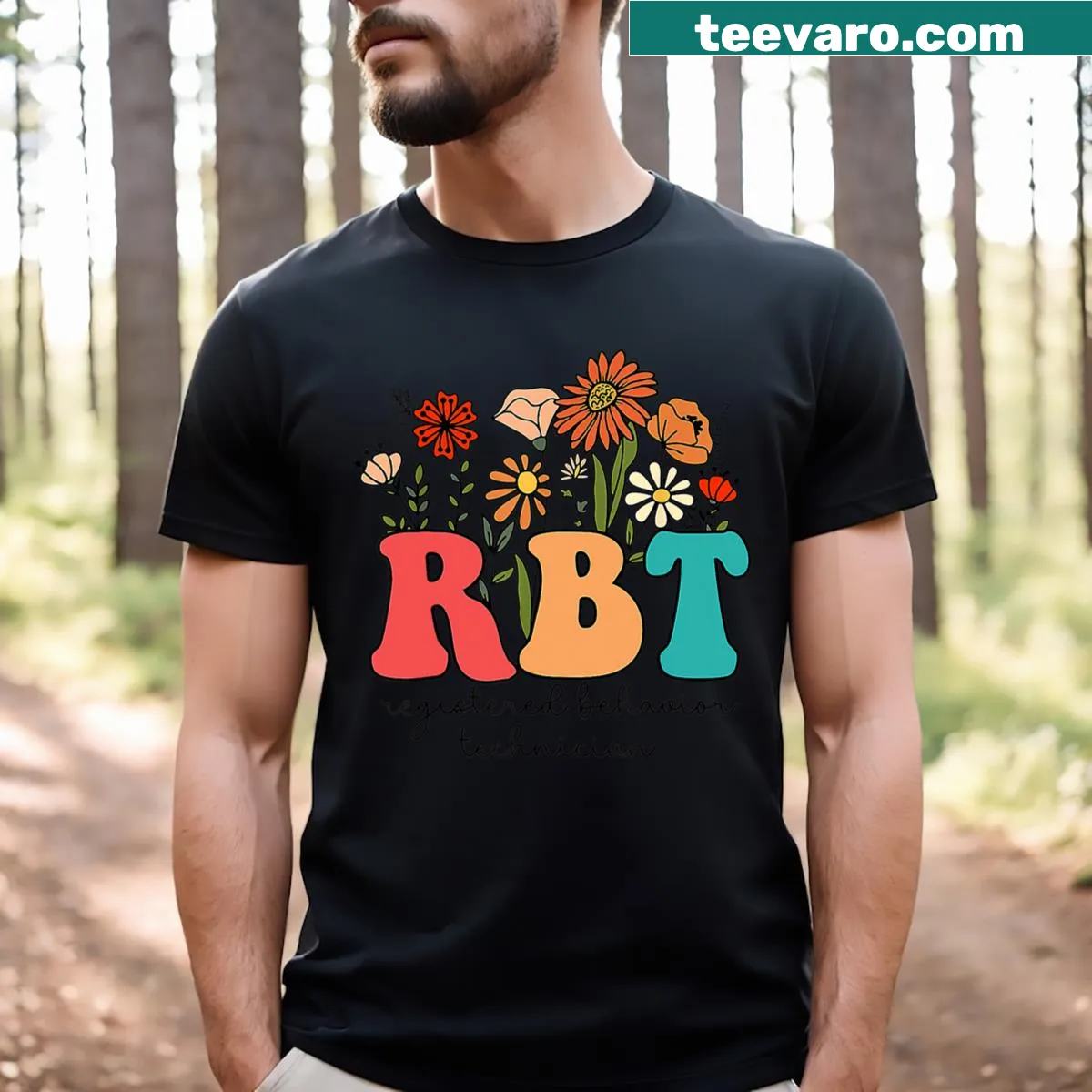 Retro T-shirt with wildflowers and RBT acronym — on a men's t-shirt