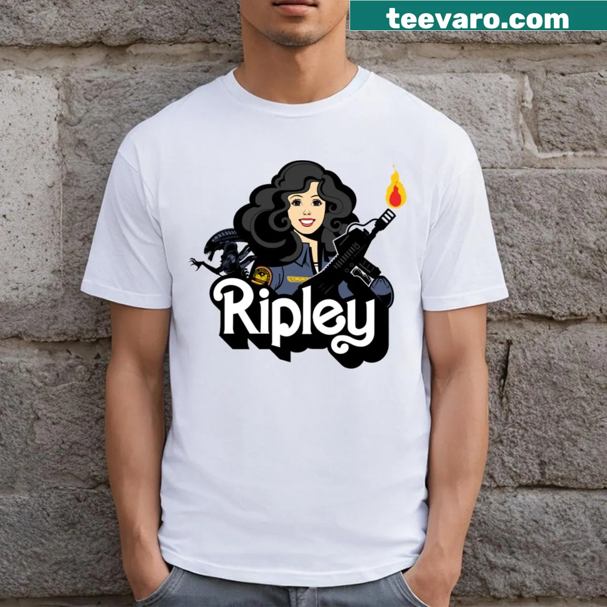 Graphic t-shirt featuring Ripley from iconic sci-fi films — on a men's t-shirt