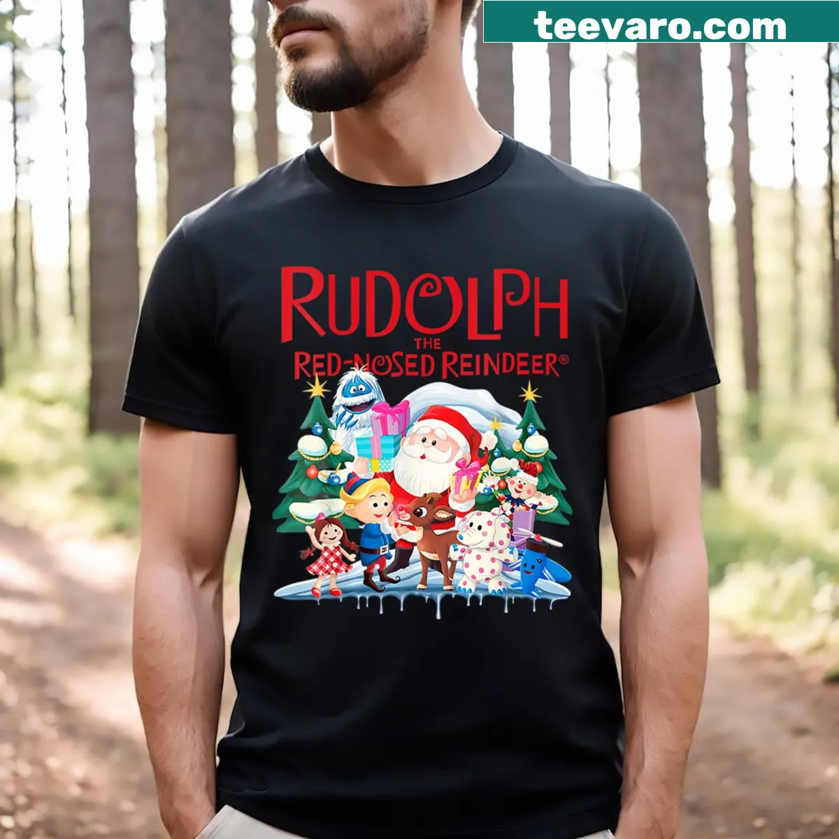 Cartoon graphic of Rudolph the Red-Nosed Reindeer on a t-shirt — on a men's t-shirt