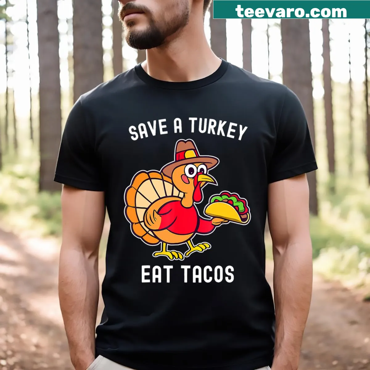 Funny Thanksgiving T-shirt with taco and turkey saying — on a men's t-shirt