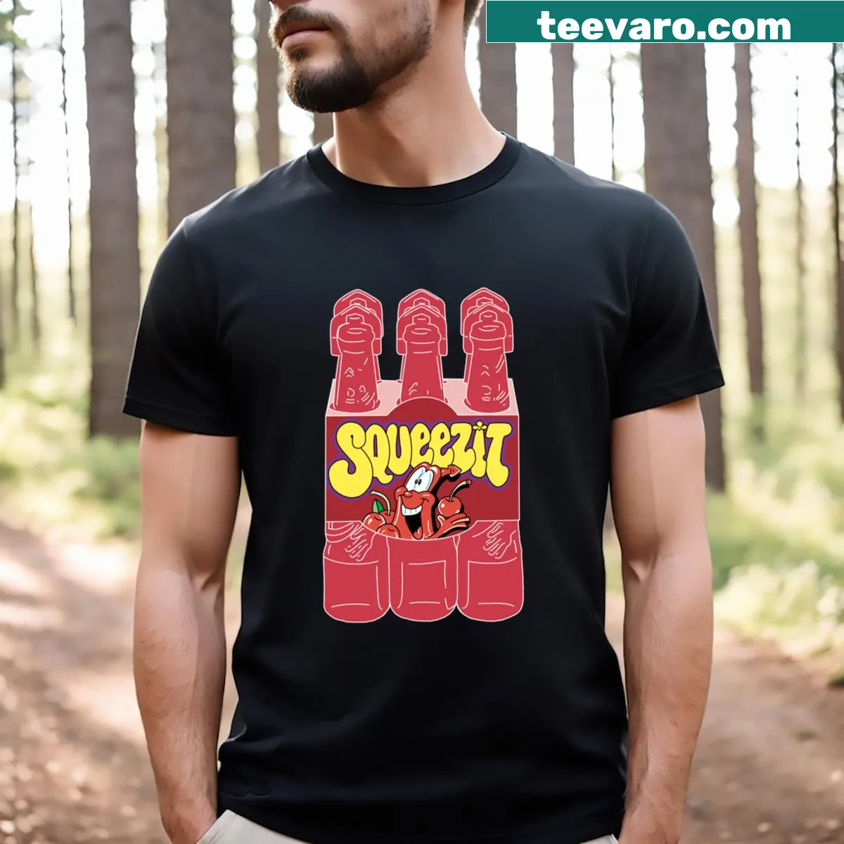 Nostalgic Squeezit t-shirt featuring illustrations of 90s juice drink bottles. — on a men's t-shirt