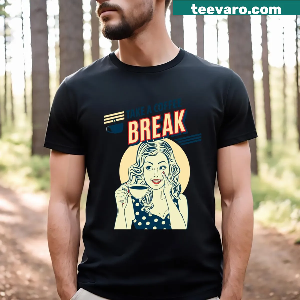 Vintage pin-up girl t-shirt featuring the text 'Take A Coffee Break'. — on a men's t-shirt